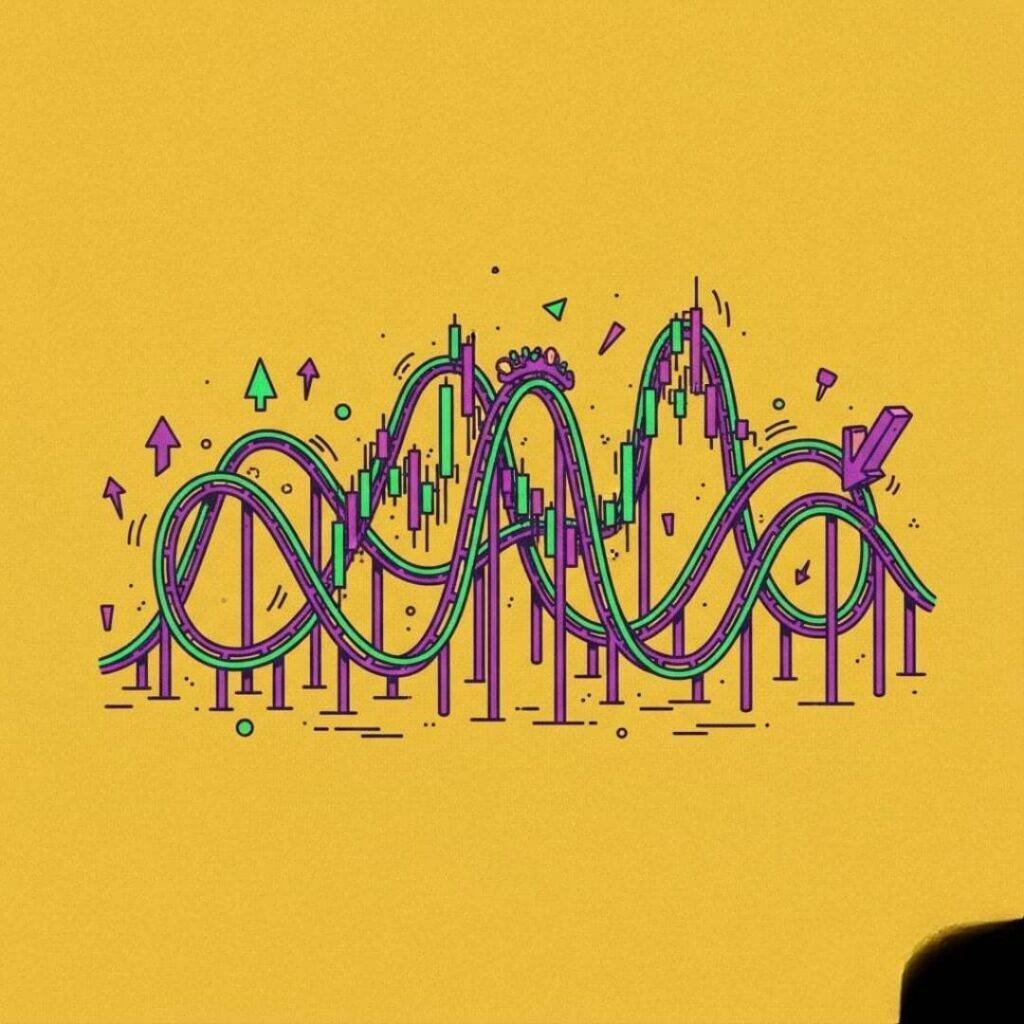 Digital illustration of a jagged stock chart morphing into a rollercoaster with neon purple and green lines, on a mustard yellow background.