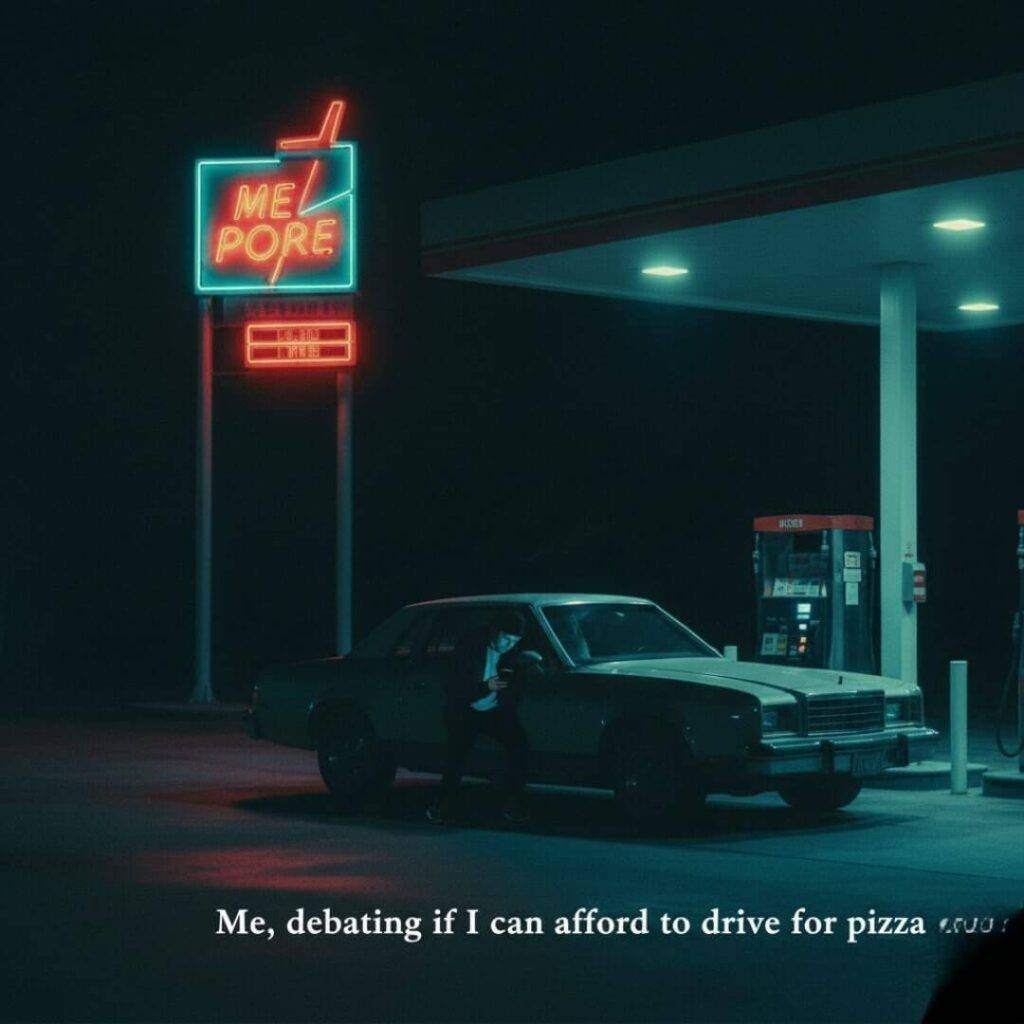 Vintage-inspired photo of person at gas station at night.