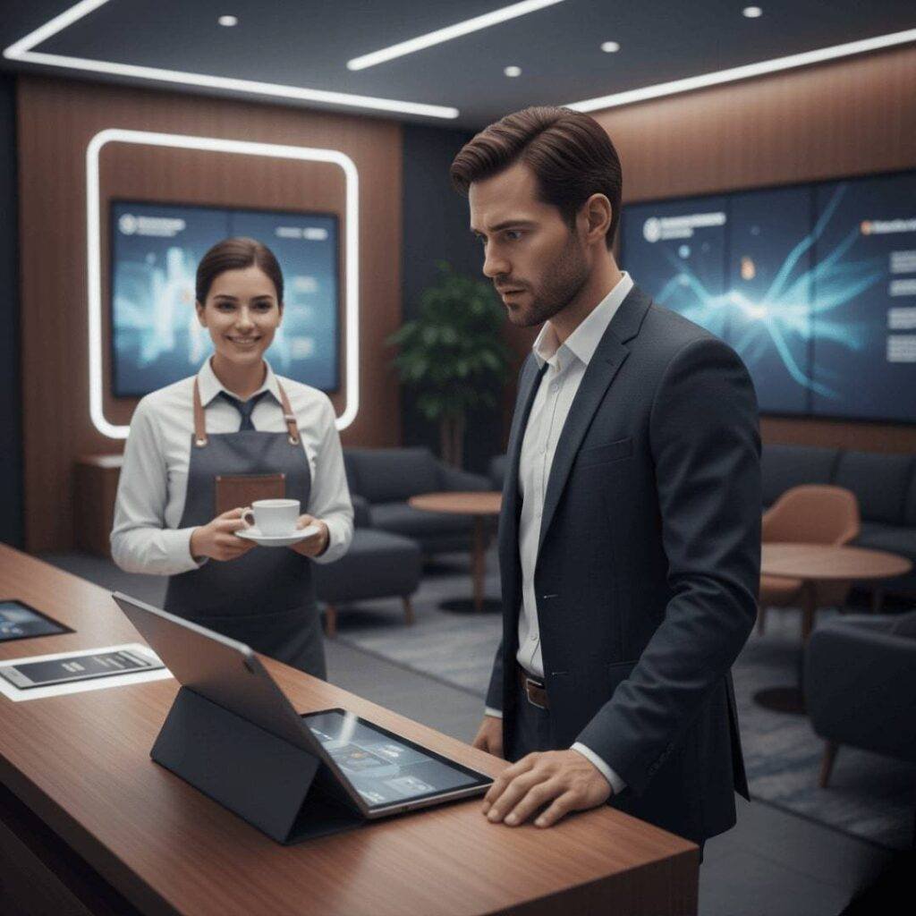 A person looking confusedly at an iPad station in a fancy bank "experience center," while a staff member offers a coffee.