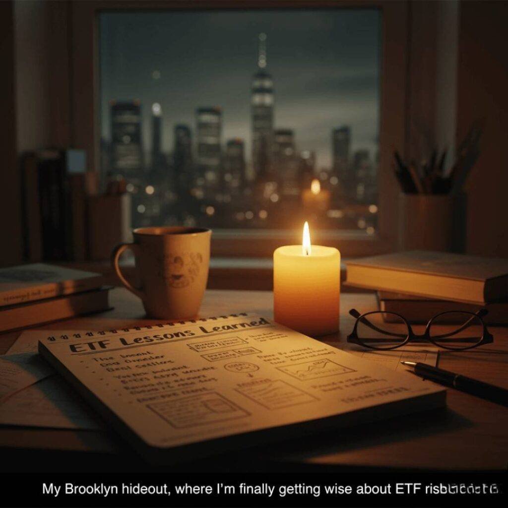 A cozy, cluttered desk in a Brooklyn apartment, featuring a notebook with "ETF lessons learned," a flickering candle, and a view of the Wall Street skyline at night.
