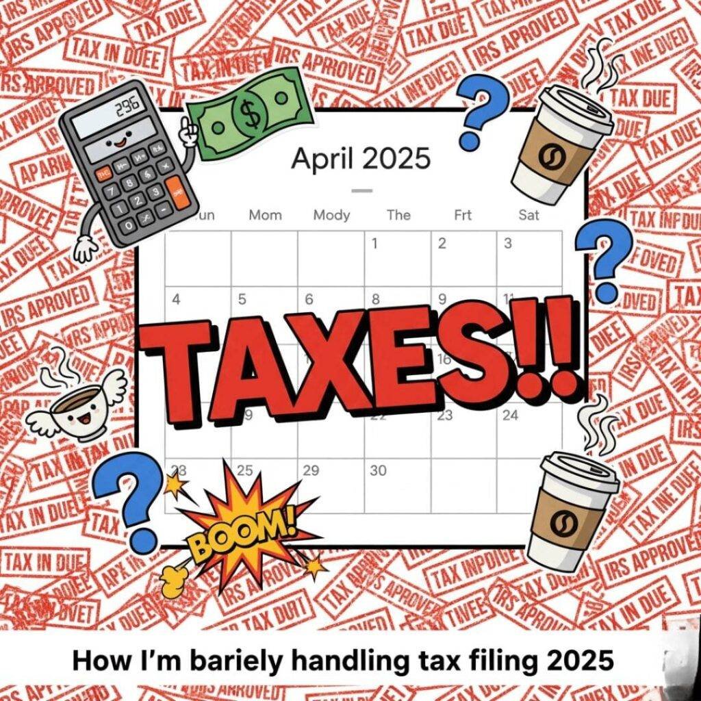 A pop-art collage of a Google Calendar screen with "TAXES!!!" in red, covered in random stickers, and a tax stamp motif, with the caption: “How I’m barely handling tax filing 2025.”