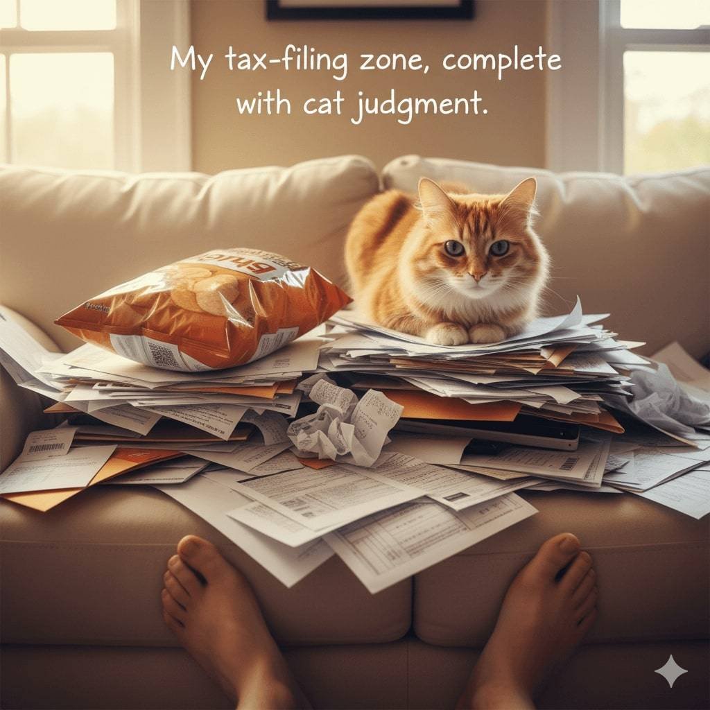 A cat sitting on a couch covered in tax papers and a bag of chips.