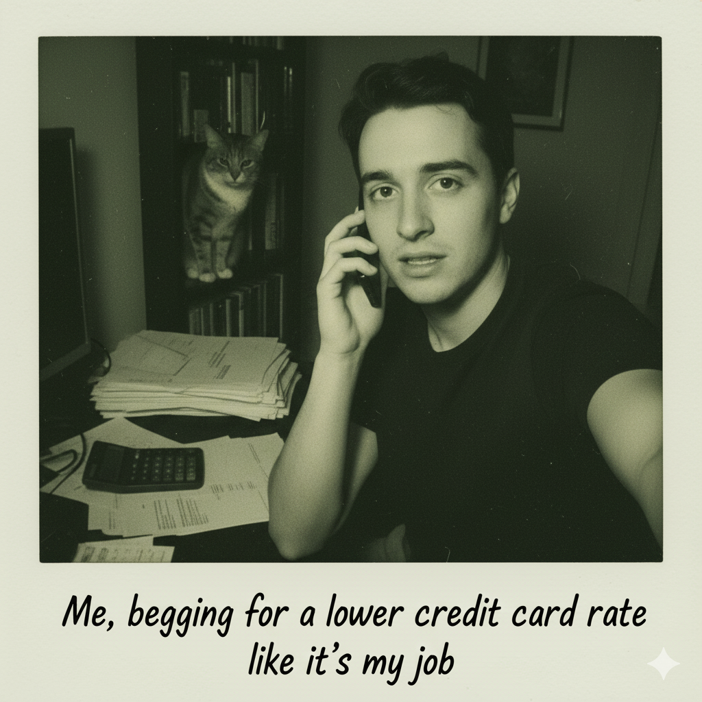 A grainy, retro Polaroid-style selfie of a person on the phone with their card issuer, looking nervous but hopeful, with a cat glaring in the background.
