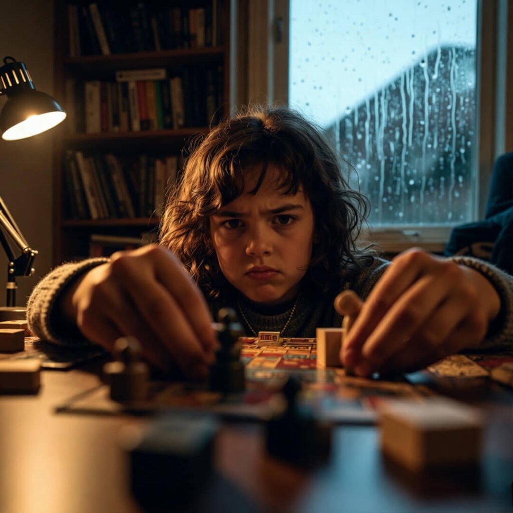 "A grocery receipt with red pen marks, a coffee mug, and a rainy window, from an overhead perspective."